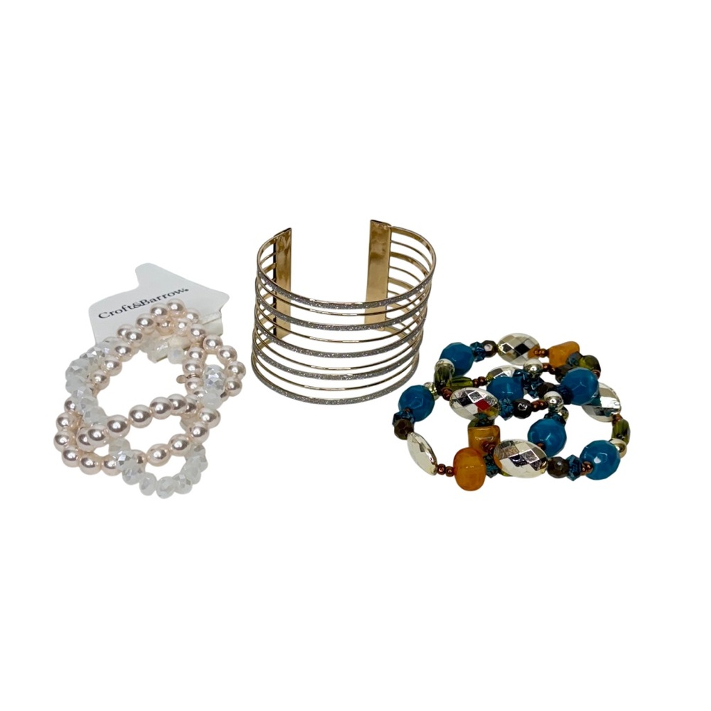 3 Piece Bundle Of Vintage Y2K Bracelets Gold Colored Cuff Faux Pearl & Beads